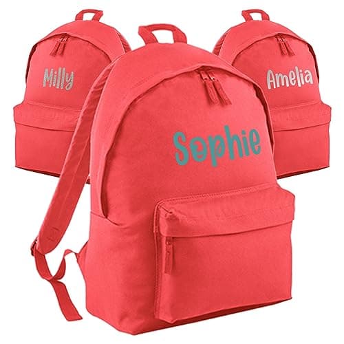 Print Maniacs Personalised School Backpack Large 18L Kids Travel Rucksack Junior Shoulder Collage Rucksack Back To School Girls Boys Lunch Swimming P.E Laptop Book Bag Name (Coral)