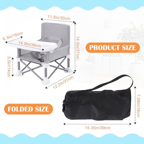 Colcolo Baby Seat Booster Toddlers Dining Seat Removable Tray with Travel Bag, Aluminum Alloy Baby Camping Chair with Tray Portable Folding Booster Feeding Chair for Children Toddlers Infants, Gray — view 2