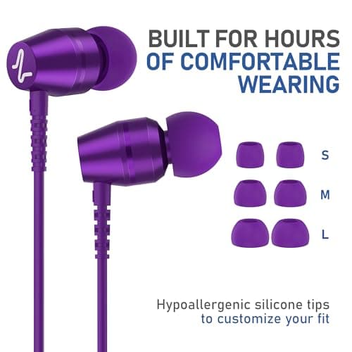 Ludos OMNITONE Wired Earbuds in-Ear Headphones, Earphones with Microphone, 5 Years Warranty, Noise Isolation Corded for 3.5mm Jack Ear Buds for iPhone, iPad, Samsung, Laptop, Gaming, Sports - Purple — view 6