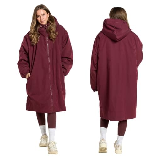 OHS Changing Robe Women's Jackets, Oversized Waterproof Jacket Fleece Lining Rain Coats for Women Drying Robe with Hood & Pockets Lightweight Ladies Jackets for Outdoor Travel, Burgundy - S/M