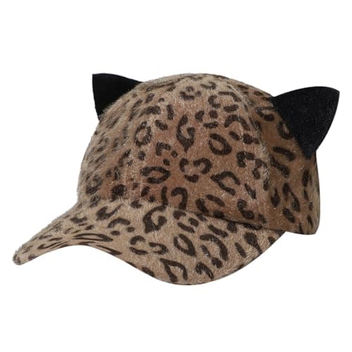 JNGUOSICN Women Winter Baseball Cap Leopard Print Hat with Ears Faux Fur Thermal Baseball Cap Plush Sport Causal Caps Winter Warm Visor Hat for Outdoor Travel Brown