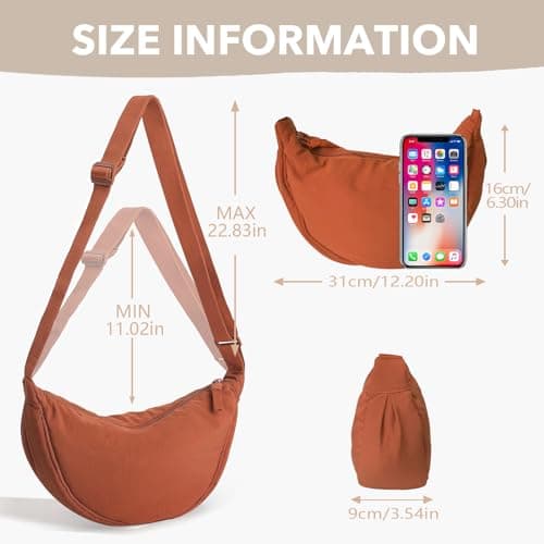 GoPaw Crescent Bag for Women, Nylon Half Moon Bag Women Crossbody Bag with Adjustable Strap, Solid Color Dumpling Bag Portable Crescent Purse for Daily Use(Orange) — view 3