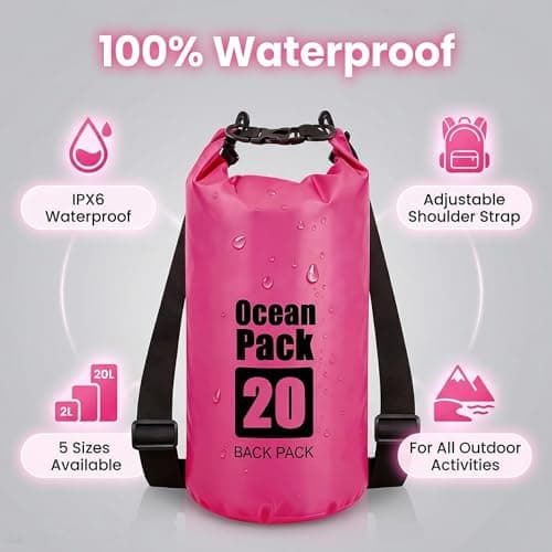RONGZUBAT 20L Large Waterproof Dry Bag with Shoulder Strap, Roll Top Dry Sack for Camping Gear, Waterproof Bag for Boating, Kayaking, Fishing, Paddle Boarding, Beach, Swimming and Travel - Hot Pink — view 6