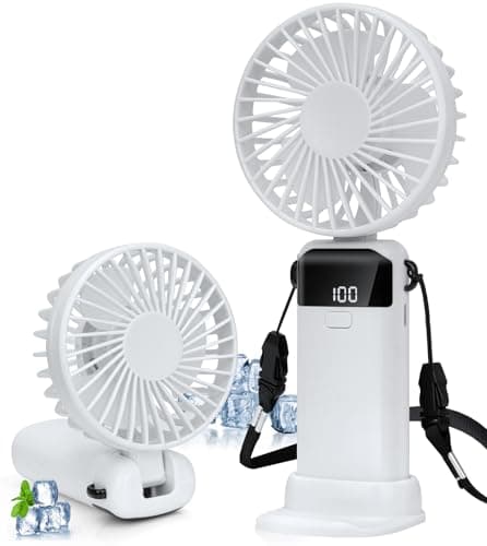 Handheld Fan, 19H Portable USB Hand Held Fans Rechargeable with 5 Speeds, Power Display, Battery Operated Desk Fan, Small Personal Fan with Base, Hanging Rope, Suit for Home Office Travel Essentials
