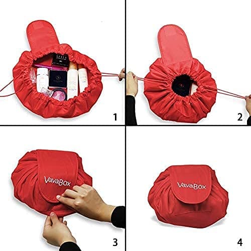 Vavabox Lazy Drawstring Makeup Bag, Flat Lay Cosmetic Bags (Red) — view 3