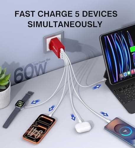 60W USB C Charger Block, 5-Port USB C Plug Fast Charger,2 Ports PD Power Adapter+3 Ports QC Mains Wall Charger,Multiport UK Type C Charging Plug for iPhone 17/16/15/14/13/12 Pro Max,iPad,Samsung-Red — view 2