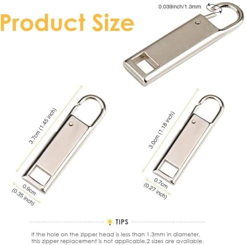 8PCS Metal Zipper Pull Replacement Kit, Universal Clip-On Zip Pulls for Luggage Jacket Backpack Shoes, 2 Sizes Black Silver — view 4