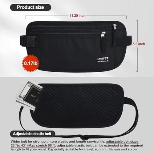 DAITET Money Belt - Passport Holder Secure Hidden Travel Wallet with RFID Blocking, Undercover Fanny Pack (Black) — view 4