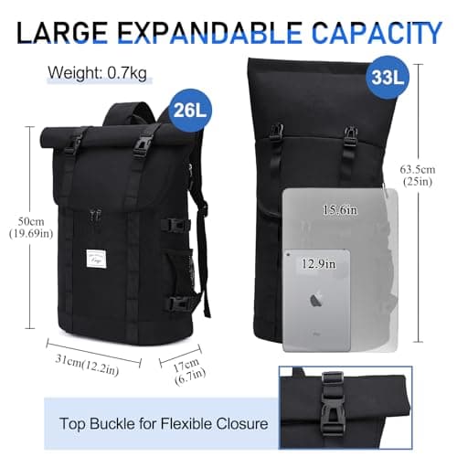 Kasgo Roll-Top Backpack, 15.6" Laptop Uni Work Travel Rucksack Black — view 2