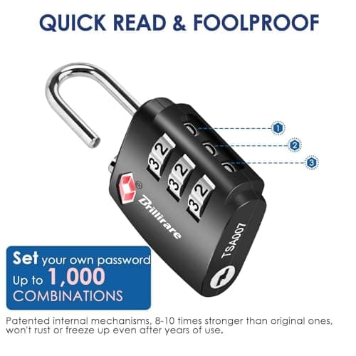 2 Pack TSA Approved Luggage Locks, Alloy Combination Travel Suitcase Padlock, Metal 3-Digit Waterproof Lock, TSA Accepted Outdoor Keyless Resettable Lock for Lockers, Bags, Gym, Gate-Black — view 6
