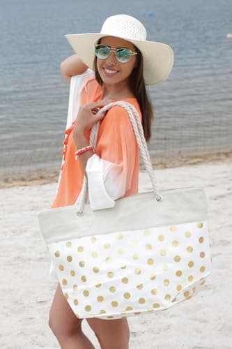 styleBREAKER Womens Metallic Polka Dot Beach Bag,Beige-Gold — view 2
