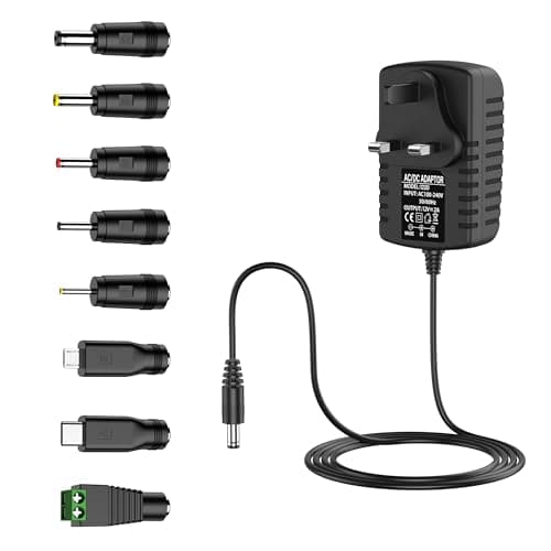 12V 2A DC Power Supply UK Plug AC Adapter with 8 DC Plug Tips, Converter Driver AC 100-240V Supply to DC 12V, AC to DC Converter Adapter Transformer for CCTV Camera, USB 3.0 HUB, LED Lights
