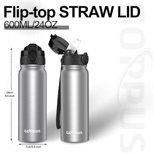 GOPPUS 600ml/20oz Stainless Water Bottle with Straw Double Wall Insulated Bottles with Strap One Hand Open Vacuum Thermal Flask with Flip Top Lid Leakproof Keep Cold Drinks BPA Free (Steel) — view 4
