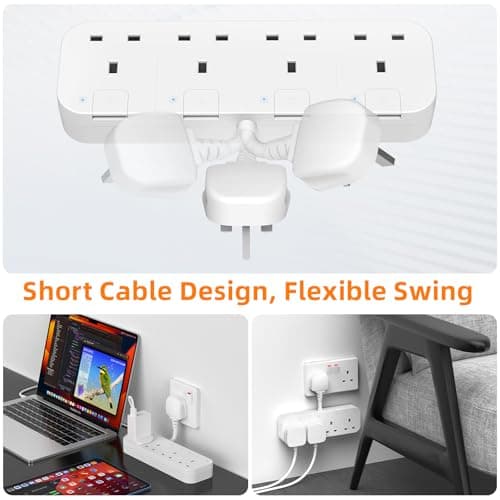 Multi Plug Extension Socket 4 Way with Flexible Plug, 4 Gang Plug Adapter UK with Individual Switches, Short Small Extension Adaptor for Home, Kitchen. White — view 5
