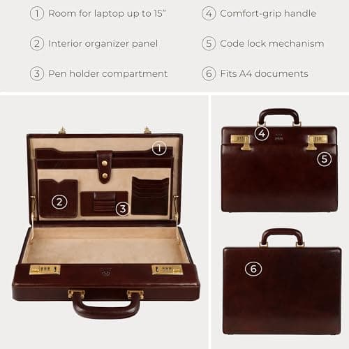 Time Resistance Leather Attache Case - Full Grain Italian Leather Briefcase - Laptop Bag up to 15” - Hard Case with Lock — view 6