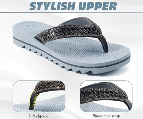 KuaiLu Womens Orthotic Flip Flops with Arch Support Yoga Mat Cushion Fashion Rhinestone Sandals Summer Walking Beach Travel Thong Slides Comfy Plantar Fasciitis Indoor Outdoor Sandles Grey 6 — view 4