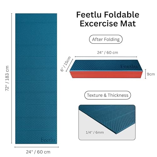 Feetlu Foldable Yoga Mat-1/4 Inch Thick Easy to Storage Travel Yoga Mat Foldable Lightweight for Fitness Exercise Mat for Yoga, Pilates, Home Workout & Floor Exercise(Teal/Orange), 1/4''x 24'' x 72'' — view 2