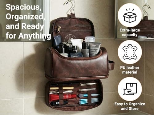 CGFN Personalised Gifts for Men,Personalised Large PU Leather Wash Bag Men with Initial Waterproof Hanging Toiletry Bag Travel Xmas Birthday Presents (T, Dark Brown) — view 3