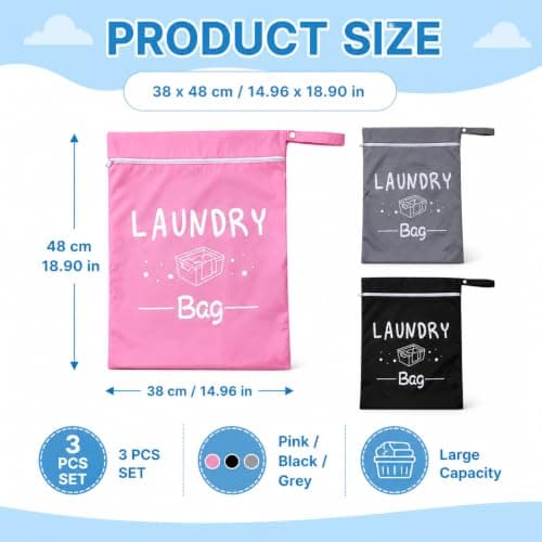 3 PCS Travel Laundry Bag Set, Splash Proof Dirty Clothes Organizer with Zipper and Handle, Portable Laundry Bags for Travelling, Luggage Organizer Bags for Gym & Holiday, 38x48 cm (Pink, Black, Grey) — view 2