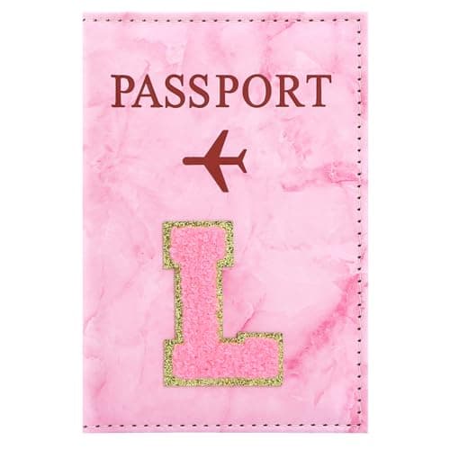 ILIYAH Personalized Initial Passport Holder – Pink Marble Chenille Letter, Waterproof PU Leather Passport Cover, Cute Travel Gift for Women and Girls