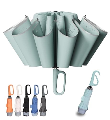 TUMAAOTU Compact Inverted Umbrella with Never Forget Carabiner Handle - Travel Umbrella Windproof Strong, Reverse Umbrellas for wind rain, Auto Open Close, 10 Rib Durable Frame for Women Men (Green)
