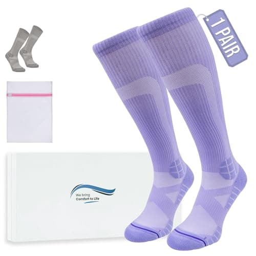 360 RELIEF 1 Pair Compression Socks for Women & Men - 15-20 mmHg, Enhanced Cushioned Fit, Soft & Breathable for Sports, Travel, Running, Pregnancy, M/L, Purple + Laundry Bag