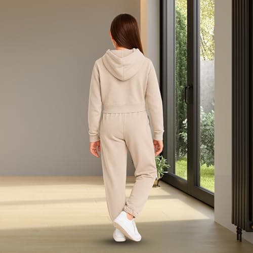 DELLMOOR Girl’s 2 Piece Tracksuits Teenagers Two Piece Terry Cotton Activewear Long Sleeve Outfit Zipped Fleece Hoodie and Jogging Bottom Set for Girls, Beige, 13-14 Years — view 4