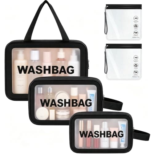 WUBAYI 5Pcs Clear Toiletry Bag, Waterproof PU Makeup Bag with Zipper Handle, Portable Airport Cosmetic Bag for Women & Men, Travel Accessories Wash Bag for Travelling & Holiday (Black)