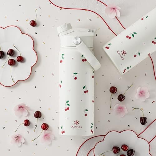 KEWIXY Stainless Steel Water Bottle 500 ml/18 oz, 2-in-1 Lid, Insulated Water Bottle with Straw, Leak Proof, Carry Handle, Fits Cup Holders, for Sports, Gym, Work (Cream Cherry1) — view 2