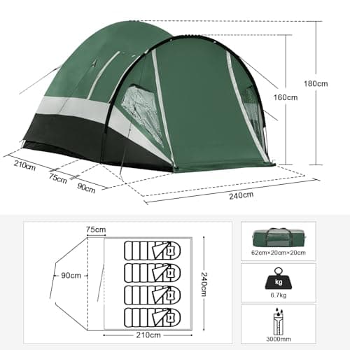 Portal 3-4 Man Tent with Porch 3000mm Waterproof 180cm Tall Standing Height Three-Four Persons Family Camping Tent with Living Area Sewn-in Groundsheet Tub Floor for Festival Bicycle Motorbike — view 3