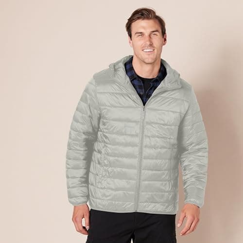 Amazon Essentials Men's Lightweight Water-Resistant Packable Hooded Puffer Jacket, Light Grey, M — view 6