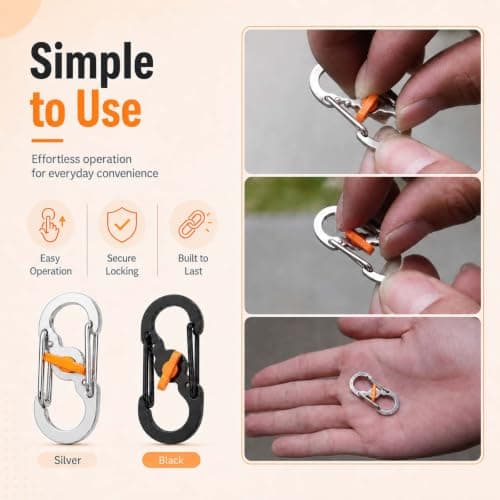 10 Pack Mini S Shape Locking Carabiner Clips,Stainless Steel Lightweight Keychain Hooks, Twist Lock Anti-Theft Safety Design, Small S Biners for Hiking Camping Travel Backpack Keys Pet Tags DIY Crafts — view 5