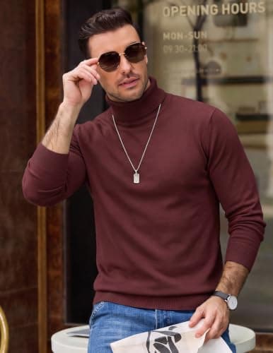 COOFANDY Men's Turtleneck Long Sleeve Jumpers Winter Deepred M — view 4