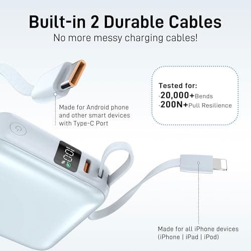 VINKO Small Power Bank with Built-in Cable,10000mAh Fast Charging Power Bank, 22.5W USB C Portable Charger, Mini Battery Pack for iPhone 16 15 14 13 Samsung Galaxy Google Android (Blue) — view 4