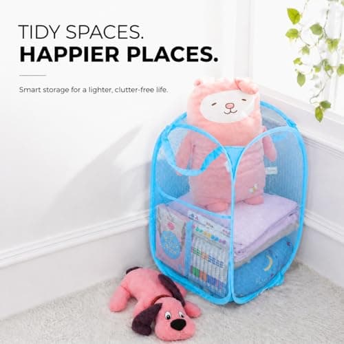 HOMESHOPA Laundry Baskets Pop Up Mesh Washing Bag, Blue Foldable Dirty Clothes Baskets with Handles&Side Pocket, Collapsible Toy Tidy Storage Organiser, Great for Kids Room, College Dorm Travel — view 5