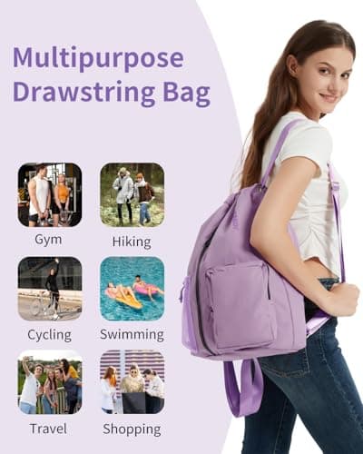 WANDF Drawstring Gym Bag Sports Backpack with Shoes Compartment Water-resistant Swimming Bag for Men Women Ideal for PE School Travel Beach (Lilac Purple) — view 6