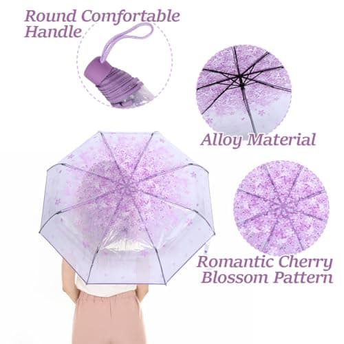 Tiiyee Clear Folding Umbrella, Cherry Blossom for Rain (Light Purple) — view 2