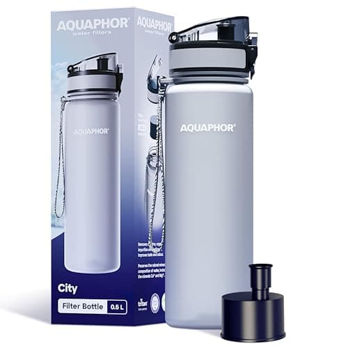 AQUAPHOR City Bottle 500ml Grey I Bottle with water filter for travel I Filter with activated carbon I Filters chlorine I Made of Tritan & BPA-free