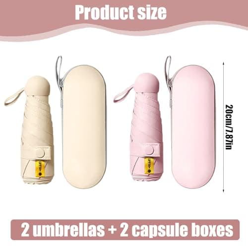 Cosiesnest 2 Pack Mini Folding Umbrellas with Capsule Cases, 6 Ribs Lightweight Compact Travel Umbrella for Handbag, Windproof UV Protection UPF 50+ Sun & Rain Umbrella for Women Men (Pink & White) — view 2
