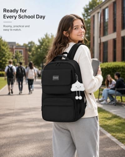 FIORETTO 25L School Bag for Girls & Teens, Womens Backpack Rucksack with Organized Pockets, Trolley Strap & Chest Buckle, Fits 15.6" Laptop, Ideal for School, Travel & Daily Use Black — view 2