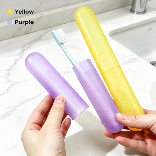Admygo 2pcs Travel Toothbrush Case, Toothbrush Cover for Travel with Drain Hole, Matte Yellow Purple Toothbrush Case Storage Box for Travel Camping School Business — view 3