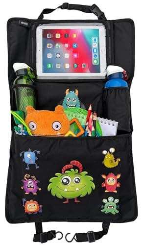 HECKBO 1x Monster Children’s Car Back Seat Organiser with Touch Tablet Holder – Insulated Drinks – Extra Large Storage Compartment – Easy Installation