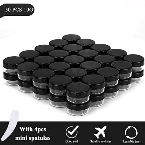50PCS 10 Gram Sample Containers, 10ml Empty Jars with Lids, Small Cosmetic Containers, Mini Sample Jars with 4PCS Mini Spatulas for Make Up, Oils, Lotion, Powder, Paint, Jewelry, Lip Balms(Black Lid) — view 5