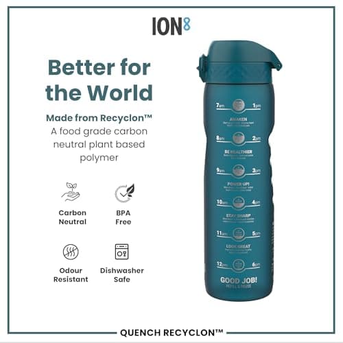 ION8 1 Litre Water Bottle with Times to Drink, Leak Proof, Flip Lid, Carry Handle, Dishwasher Safe, BPA Free, Soft Touch Contoured Grip, Ideal for Gym, Health and Fitness, 32 oz, Deep Teal — view 5
