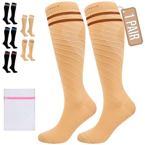 360 RELIEF Compression Socks for Kids, 15-20 mmHg Supports Circulation, Travel Flight Stockings, Beige with 2 Dark brown lines + Laundry Bag