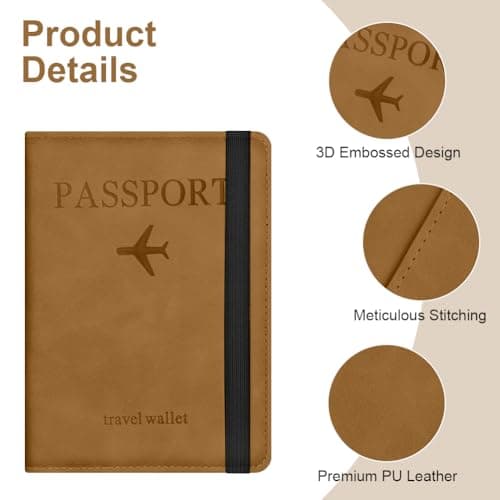 AOOSU Passport Holder Cover, PU Leather Passport Cover with RFID Blocking Travel Wallet, Portable Universal Travel Wallet Case Organiser for Money, Boarding Passes, Credit Cards Yellow-Brown — view 4