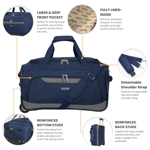 Rocklands® Lightweight Wheeled Holdall Small Duffle Trolley Suitcase Thick Heavy-Duty Cross Nylon EVA-Backed Front, Hard Base Carry On Travel Bag (Small - 20" (H52xW32xD30 cm), Navy) — view 3