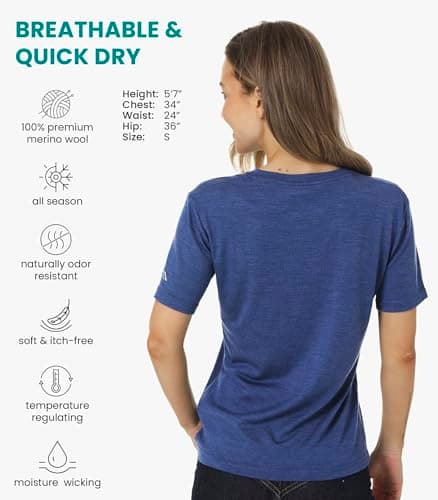100% Merino Wool T Shirt Women - Merino Wool Base Layer Womens + Socks (Medium, Windsor Blue V) — view 2