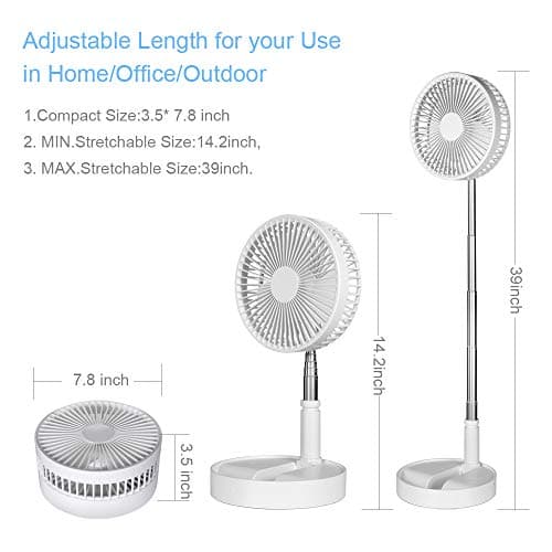 Rechargeable Portable Desk Foldaway Fan with Battery , Working Time 6~24 Hours 4 Speed settings Stretchable Quiet Floor wireless Fan for Outdoor Camping Tent Travel and Home office Personal Use,White — view 3