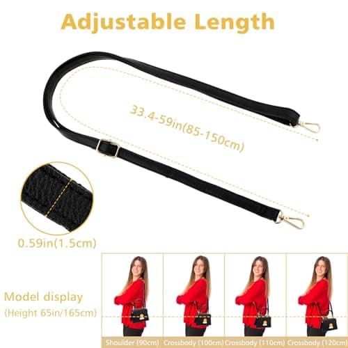 Telooco Leather Shoulder Strap Replacement 85-150cm Adjustable Leather Belt for Purse Crossbody Handbags(Black Strap, Gold Buckle) — view 2